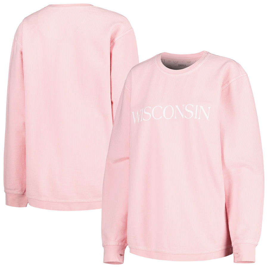 Women's Pressbox Pink Wisconsin Badgers Comfy Cord Bar Print Pullover Sweatshirt