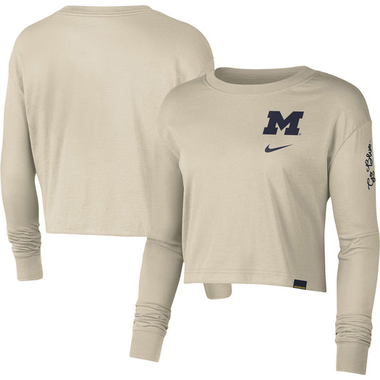 Women's Nike Cream Michigan Wolverines Varsity Letter Long Sleeve Crop Top