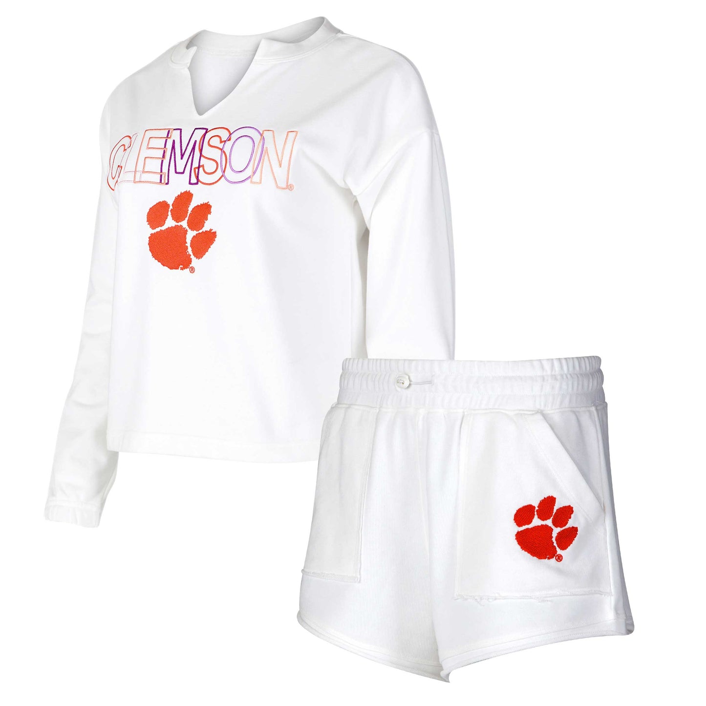 Women's Concepts Sport  White Clemson Tigers Sunray Notch Neck Long Sleeve T-Shirt & Shorts Set