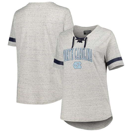 Women's Heather Gray North Carolina Tar Heels Plus Size Lace-Up T-Shirt