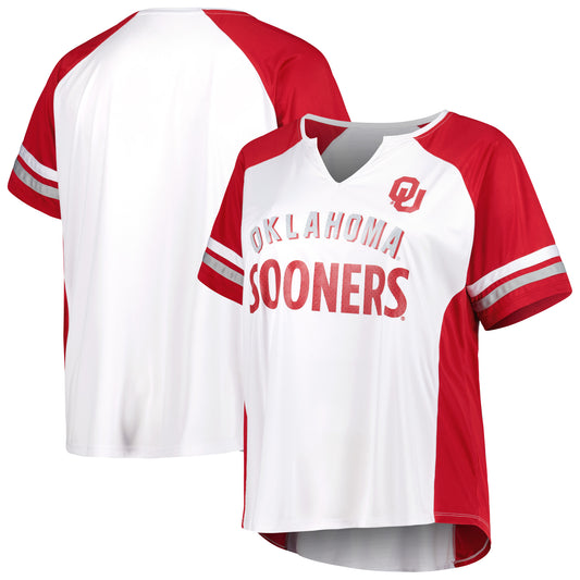 Women's White Oklahoma Sooners Plus Size Stripe Raglan Notch Neck T-Shirt