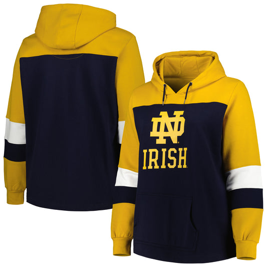 Women's Navy Notre Dame Fighting Irish Plus Size Color-Block Pullover Hoodie