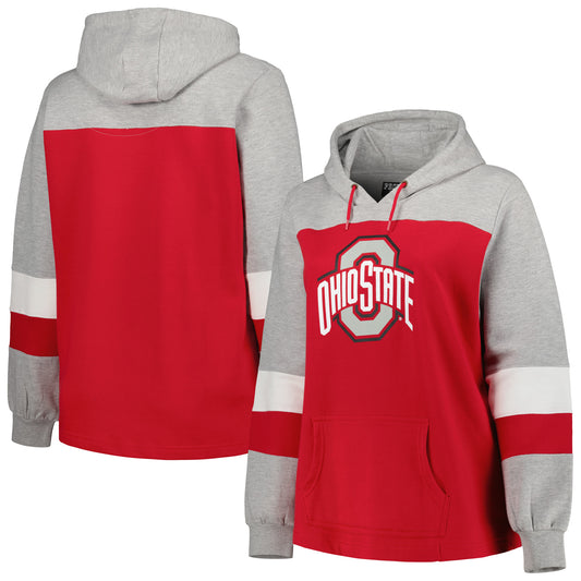 Women's Scarlet Ohio State Buckeyes Plus Size Color-Block Pullover Hoodie