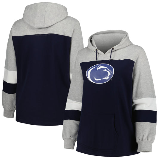 Women's Navy Penn State Nittany Lions Plus Size Color-Block Pullover Hoodie