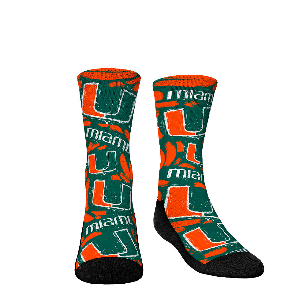 Youth Rock Em Socks Miami Hurricanes Allover Logo & Paint Crew Socks