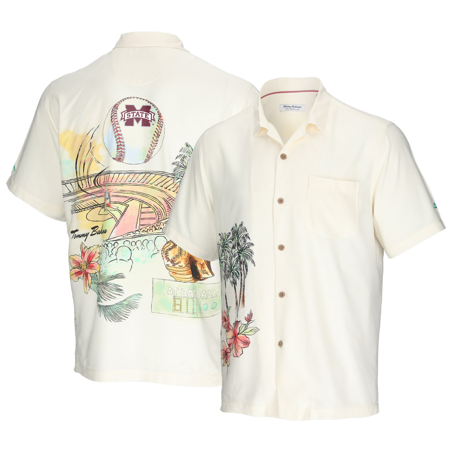 Men's Tommy Bahama Cream Mississippi State Bulldogs Paradise Fly Ball Camp Button-Up Shirt