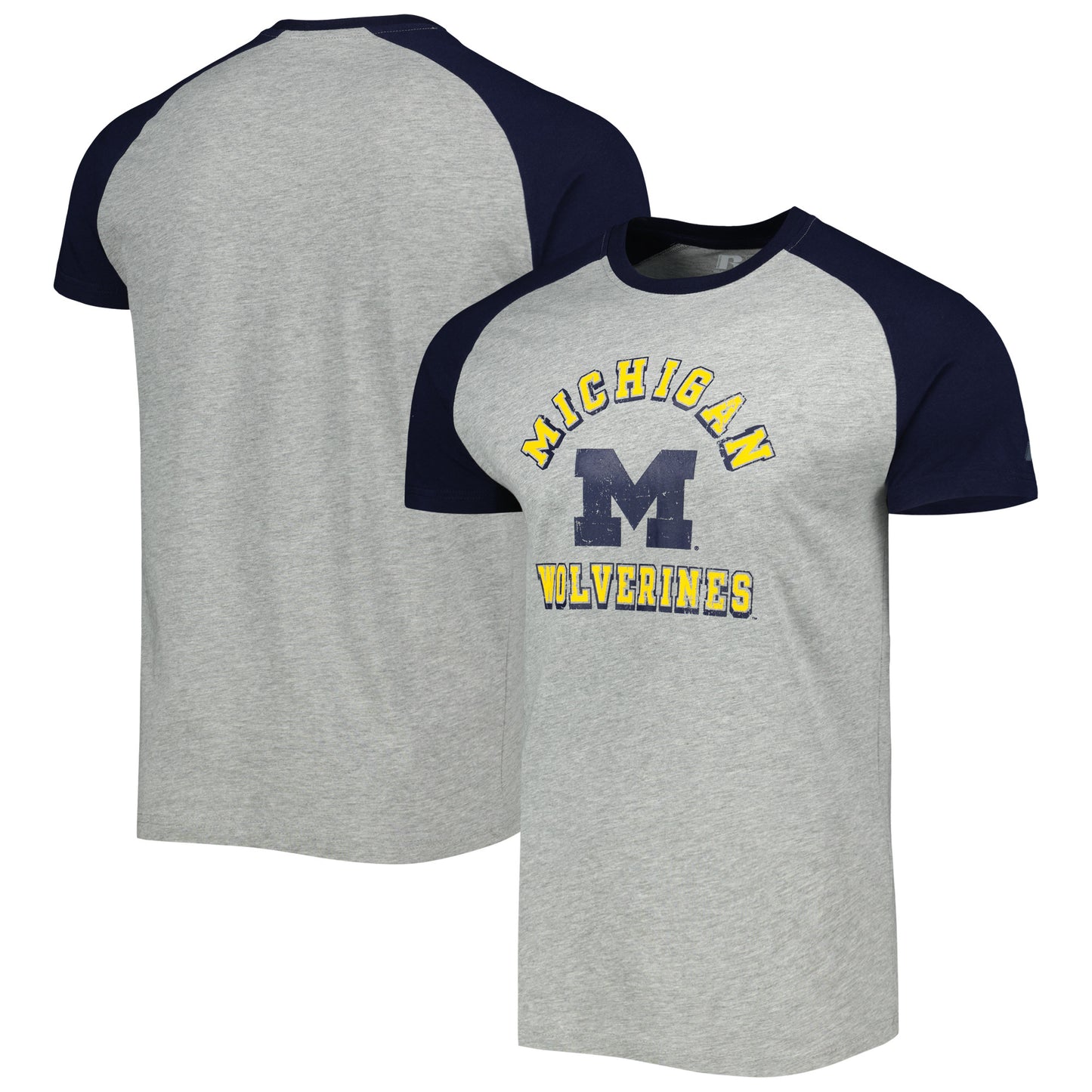 Men's Russell Heather Gray Michigan Wolverines Raglan T-Shirt