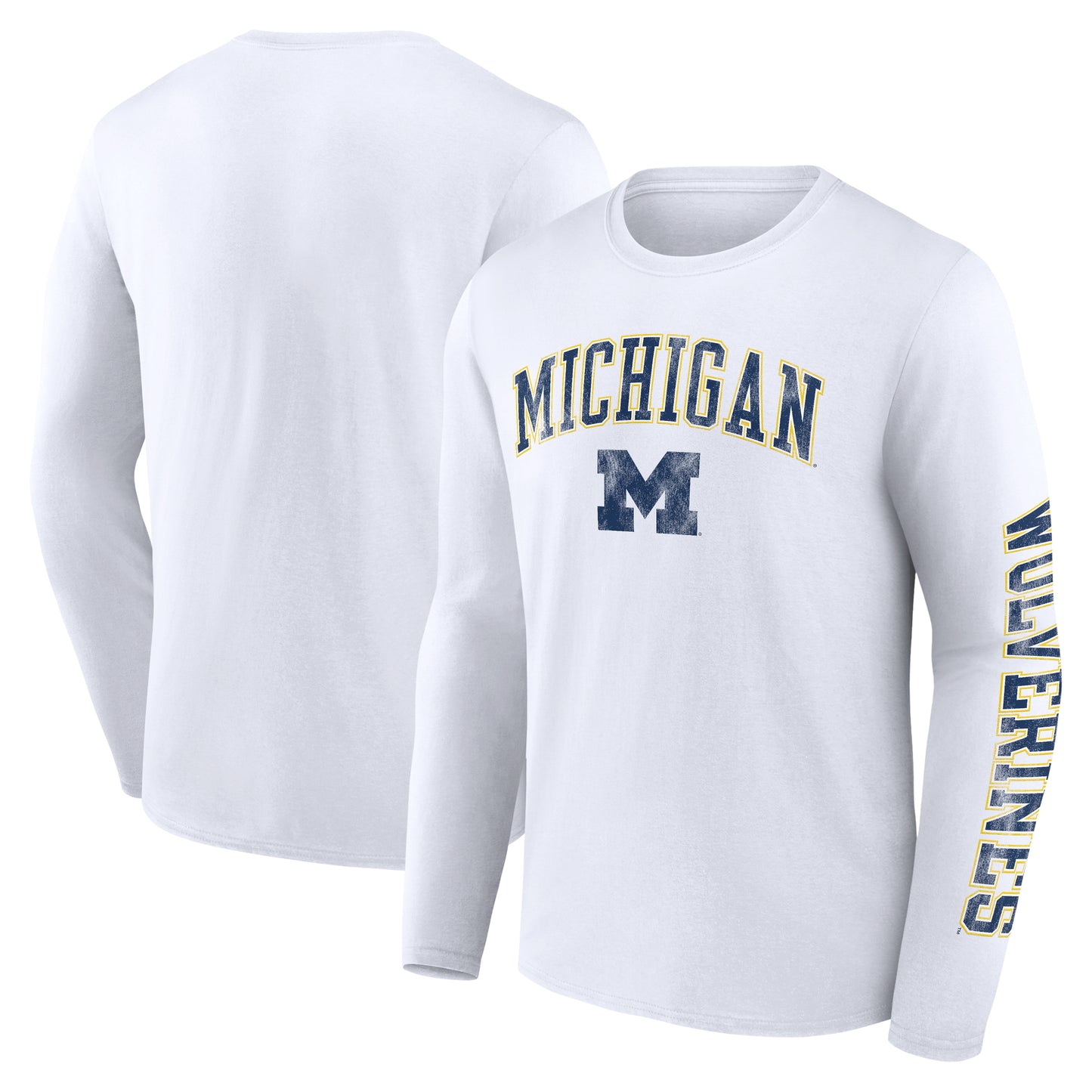 Men's Fanatics White Michigan Wolverines Distressed Arch Over Logo Long Sleeve T-Shirt