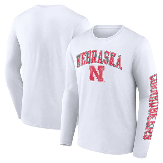 Men's Fanatics White Nebraska Huskers Distressed Arch Over Logo Long Sleeve T-Shirt