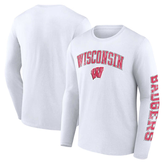 Men's Fanatics White Wisconsin Badgers Distressed Arch Over Logo Long Sleeve T-Shirt