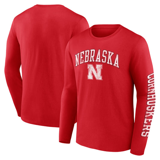 Men's Fanatics Scarlet Nebraska Huskers Distressed Arch Over Logo Long Sleeve T-Shirt