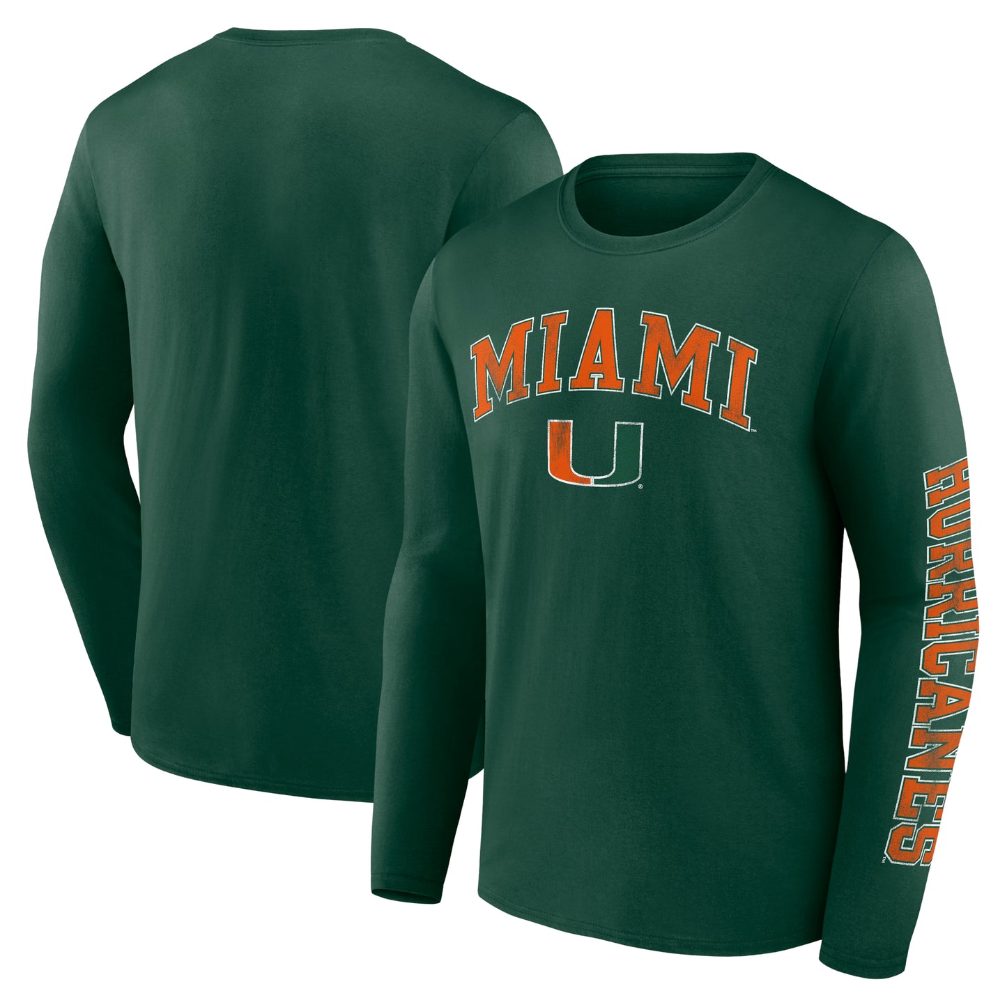 Men's Fanatics Green Miami Hurricanes Distressed Arch Over Logo Long Sleeve T-Shirt