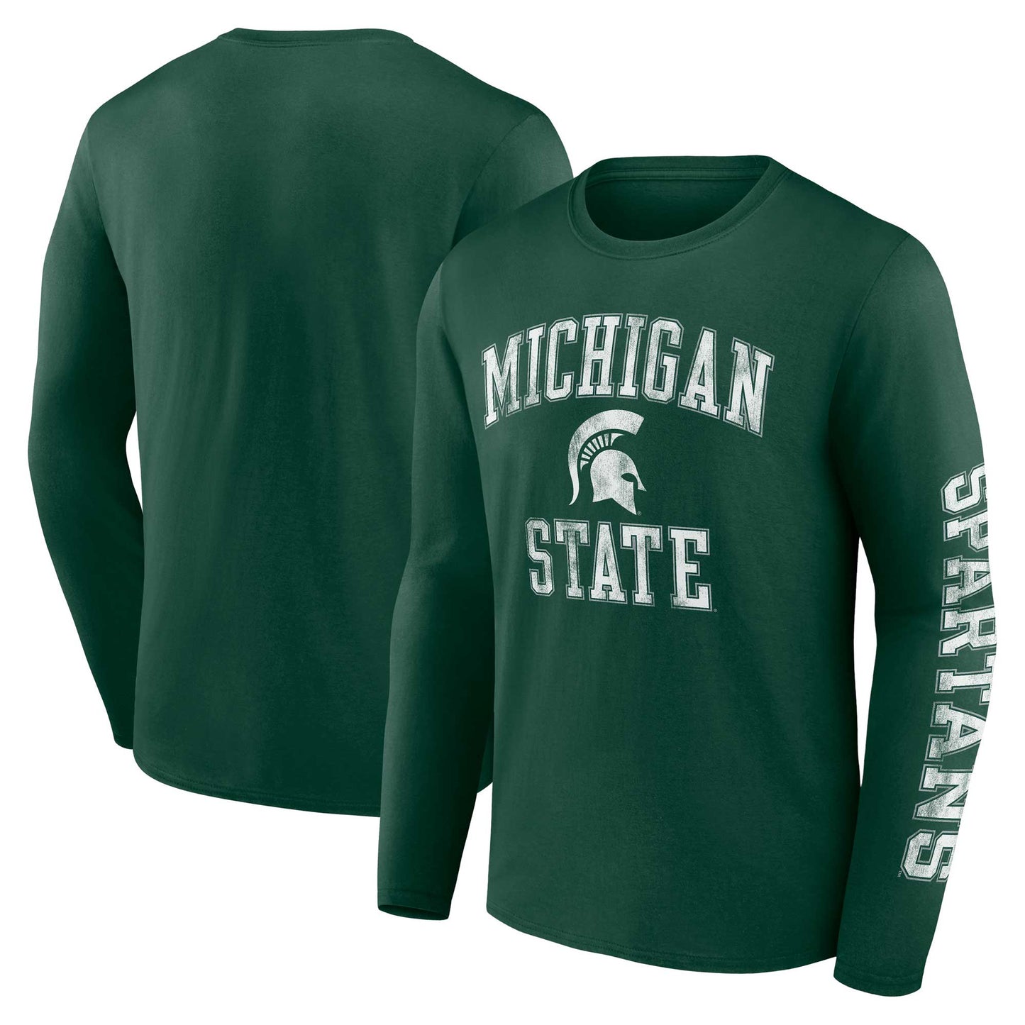 Men's Fanatics Green Michigan State Spartans Distressed Arch Over Logo Long Sleeve T-Shirt