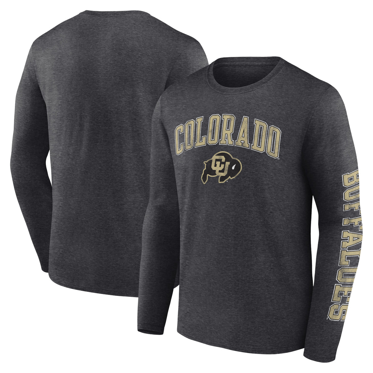 Men's Fanatics Heather Charcoal Colorado Buffaloes Distressed Arch Over Logo Long Sleeve T-Shirt