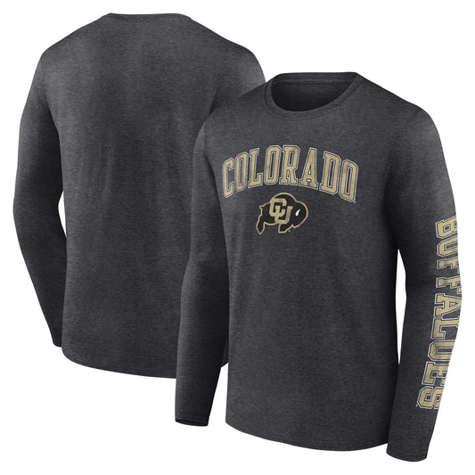 Men's Fanatics Heather Charcoal Colorado Buffaloes Distressed Arch Over Logo Long Sleeve T-Shirt