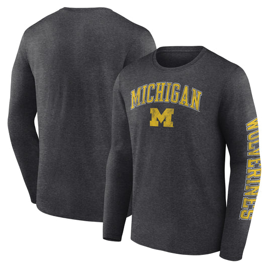 Men's Fanatics Heather Charcoal Michigan Wolverines Distressed Arch Over Logo Long Sleeve T-Shirt