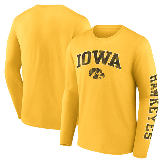 Men's Fanatics Gold Iowa Hawkeyes Distressed Arch Over Logo Long Sleeve T-Shirt