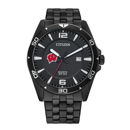 Men's Wisconsin Badgers Citizen Quartz Black-Tone Stainless Steel Watch