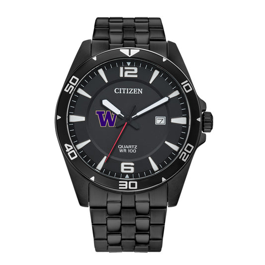 Men's Washington Huskies Citizen Quartz Black-Tone Stainless Steel Watch