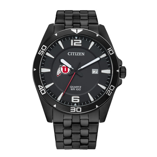 Men's Utah Utes Citizen Quartz Black-Tone Stainless Steel Watch