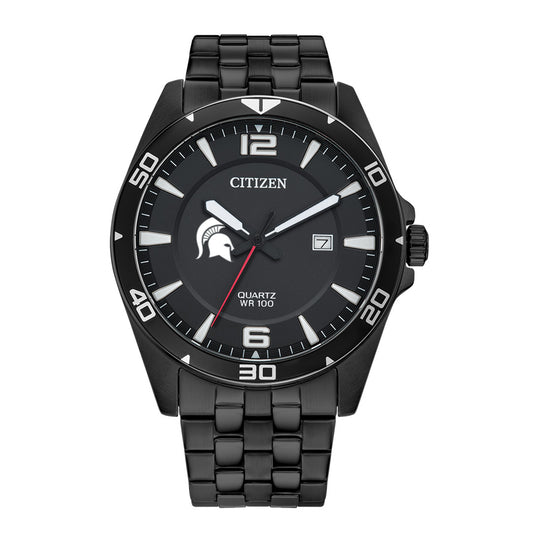 Men's Michigan State Spartans Citizen Quartz Black-Tone Stainless Steel Watch