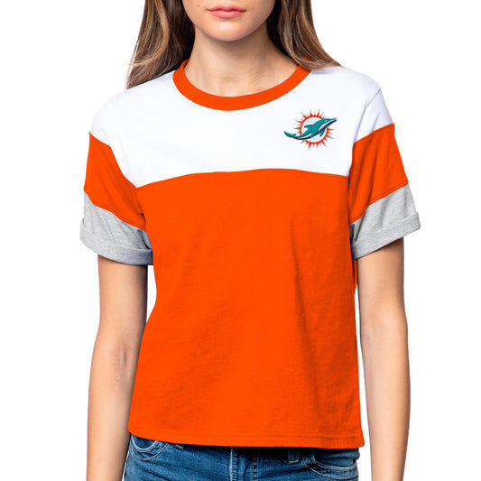 Women's Antigua White/Orange Miami Dolphins Flip T-Shirt