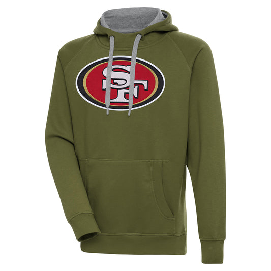Men's Antigua  Olive San Francisco 49ers Primary Logo Victory Pullover Hoodie