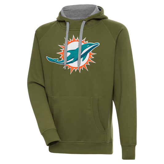 Men's Antigua  Olive Miami Dolphins Primary Logo Victory Pullover Hoodie