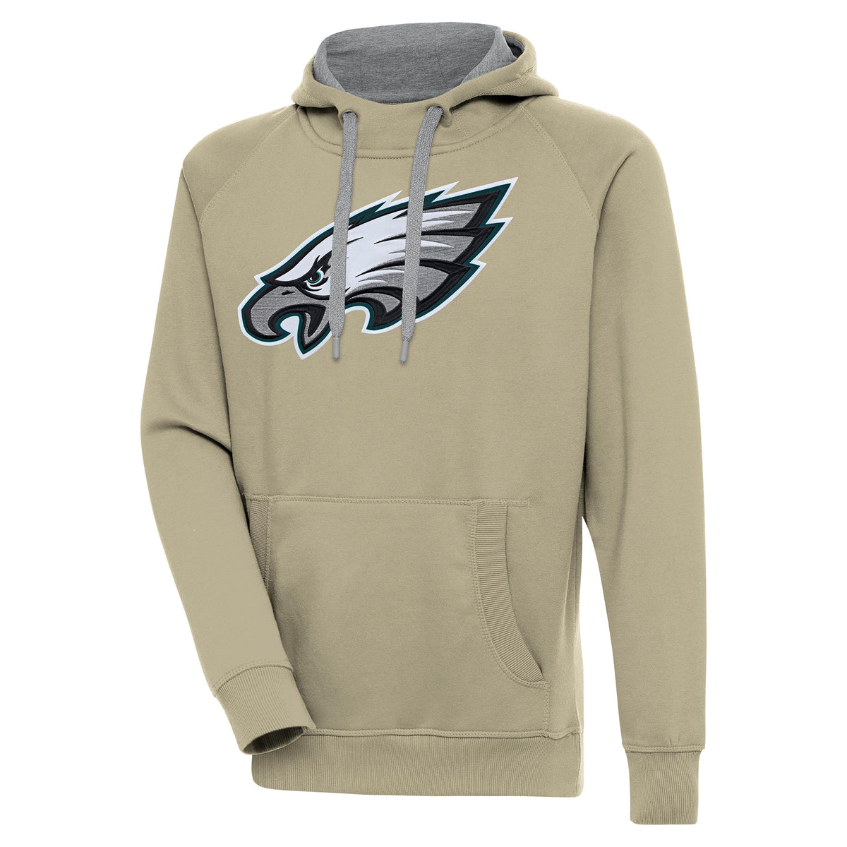 Men's Antigua  Khaki Philadelphia Eagles Primary Logo Victory Pullover Hoodie