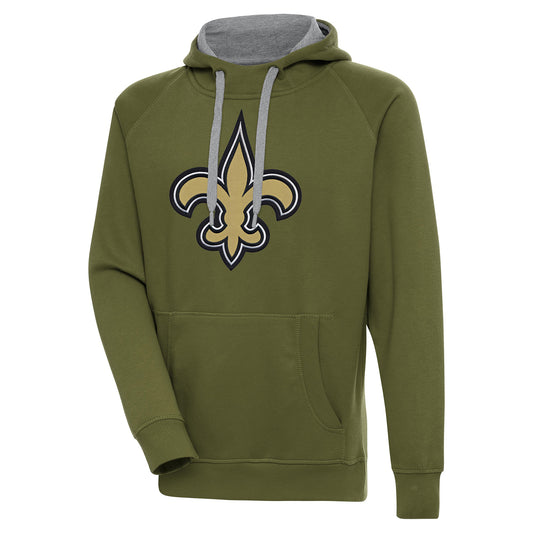 Men's Antigua  Olive New Orleans Saints Primary Logo Victory Pullover Hoodie