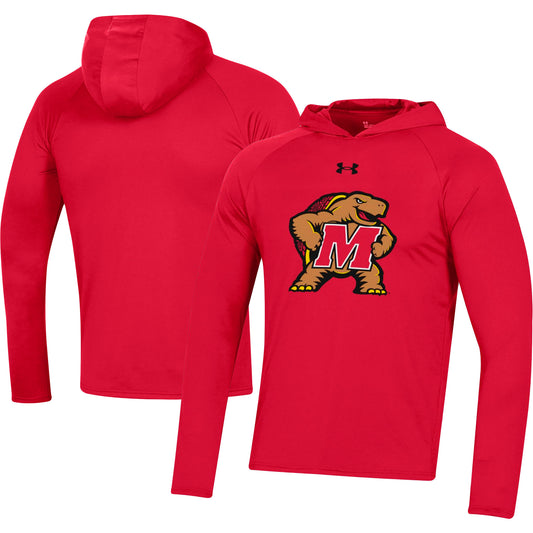 Men's Under Armour  Red Maryland Terrapins School Logo Raglan Long Sleeve Hoodie Performance T-Shirt