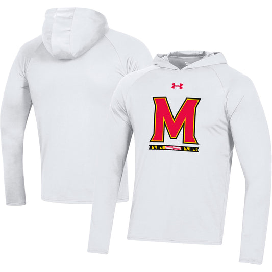 Men's Under Armour  White Maryland Terrapins School Logo Raglan Long Sleeve Hoodie Performance T-Shirt