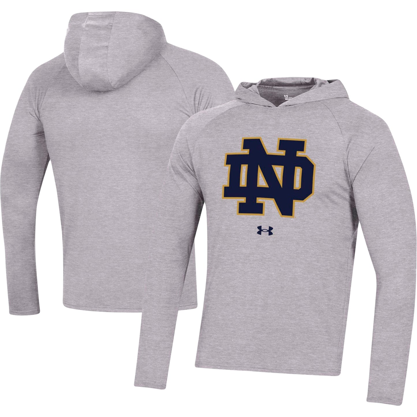 Men's Under Armour  Heather Gray Notre Dame Fighting Irish School Logo Raglan Long Sleeve Hoodie Performance T-Shirt