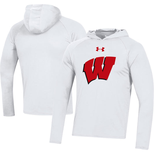 Men's Under Armour  White Wisconsin Badgers School Logo Raglan Long Sleeve Hoodie Performance T-Shirt