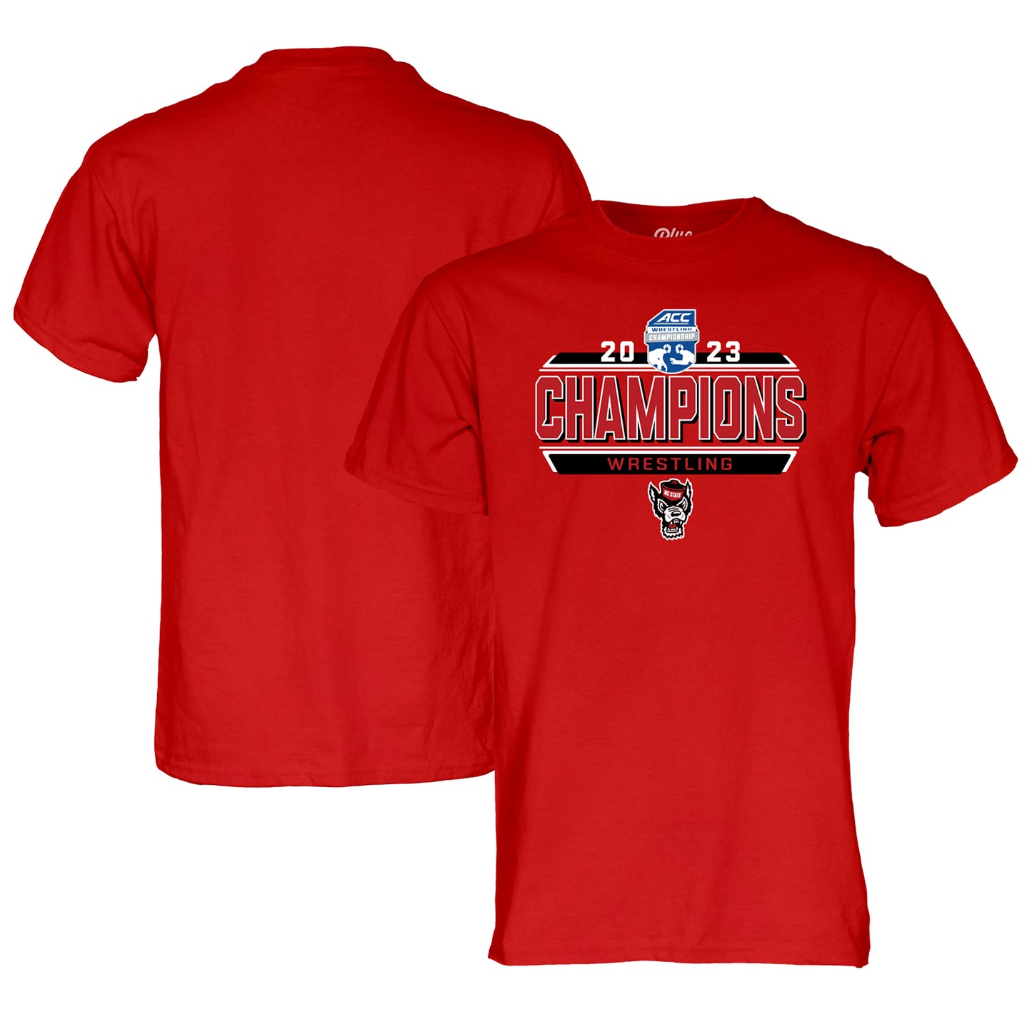 Men's Blue 84  Red NC State Wolfpack 2023 ACC Wrestling Tournament Champions T-Shirt