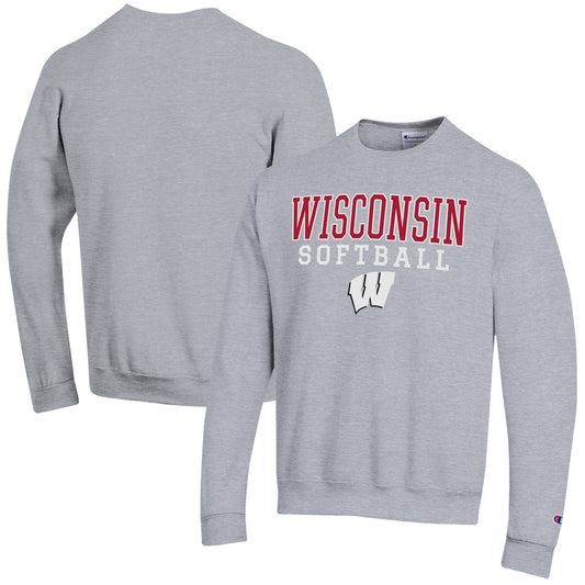 Men's Champion  Gray Wisconsin Badgers Softball Stack Powerblend Pullover Sweatshirt