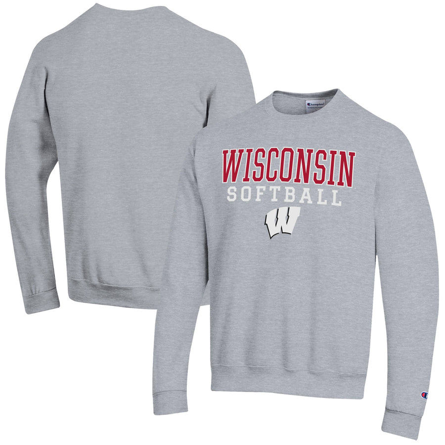 Men's Champion  Gray Wisconsin Badgers Softball Stack Powerblend Pullover Sweatshirt