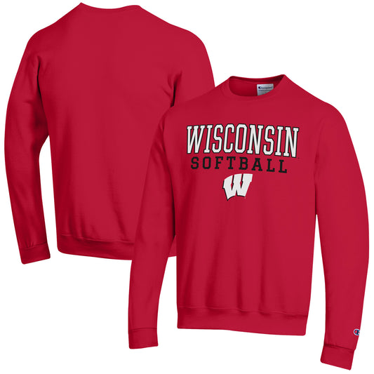 Men's Champion  Red Wisconsin Badgers Softball Stack Powerblend Pullover Sweatshirt