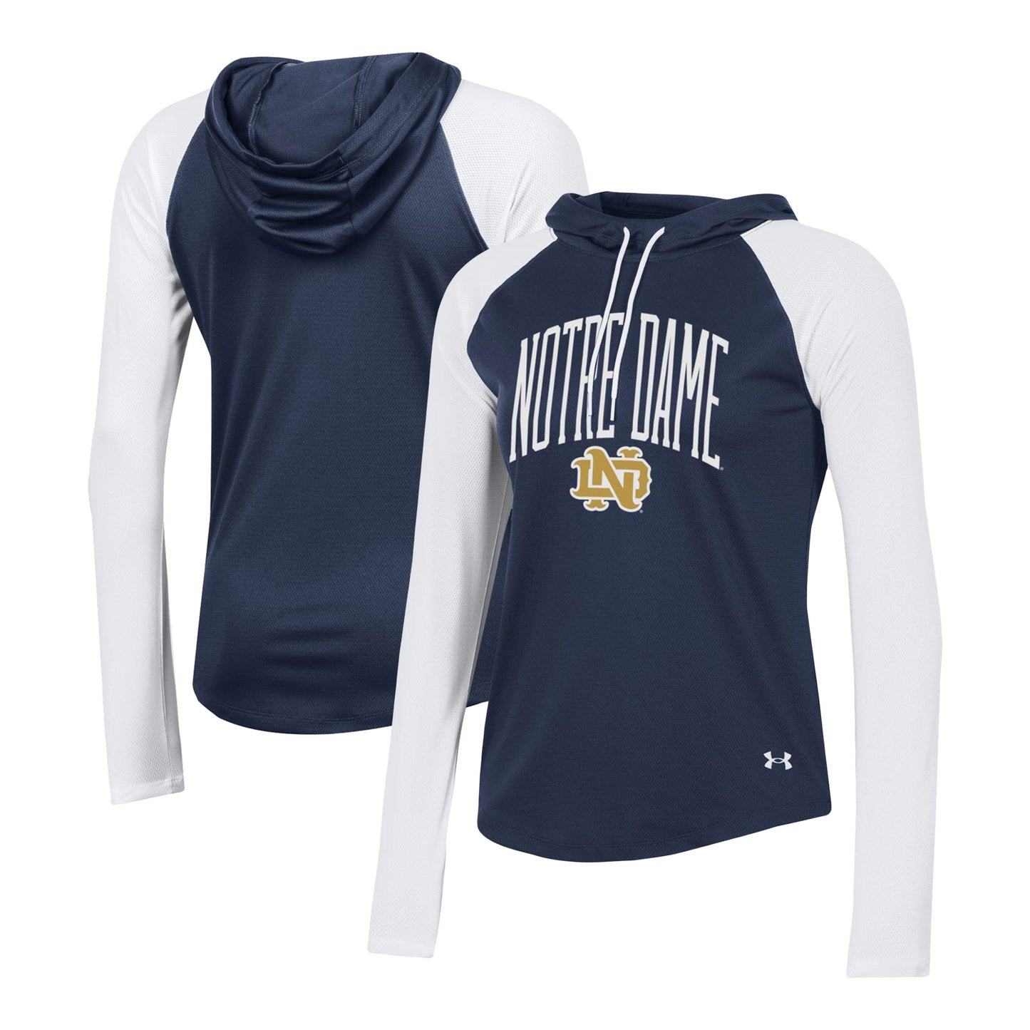 Women's Under Armour Navy Notre Dame Fighting Irish Gameday Mesh Performance Raglan Hooded Long Sleeve T-Shirt